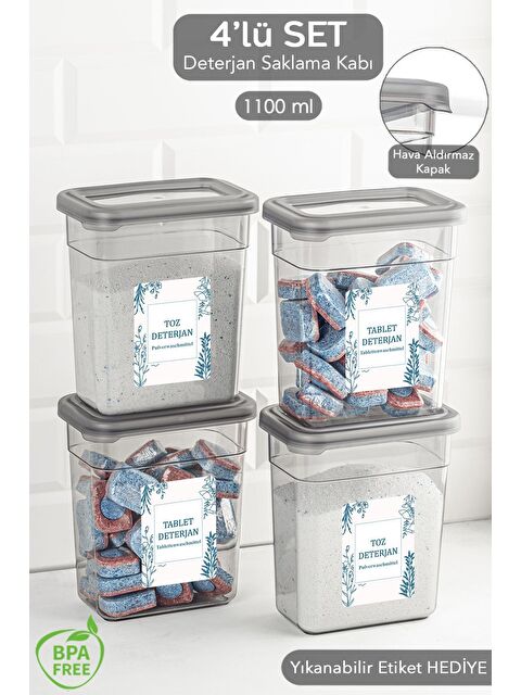 Meleni Home 4 lü Etiketli Deterjan Saklama Kabı Seti   Hava Geçirmez Kapaklı Saklama Kutusu   4 x 1100 ml - S000387374-20600