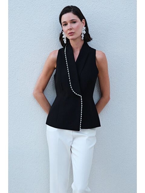 SATEEN İnci Detaylı Yelek - Siyah - S000497844-19351