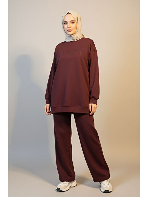 Remsa Kadın Pamuklu Tunik Pantolon Yazı Detay Basic Takım 35790 Bordo - S000463168-19951