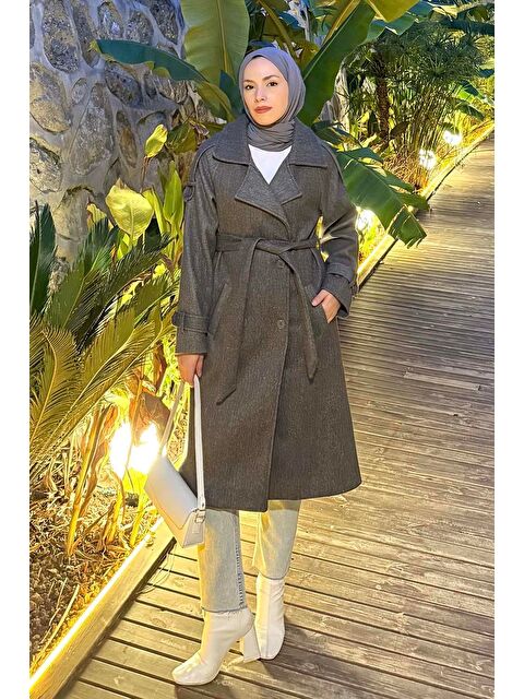 Lamelif Omuz Filetolu Kol Apoletli Kaşe Kaban Antrasit - S000522555-29666