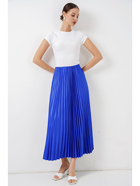 Bigdart 8009 Deri Görünümlü Piliseli Etek - Saks - S000153555-23710