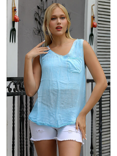 Chiccy Açık Mavi U Yaka Kolsuz Cepli Yıkamalı Dokuma Bluz - S000468694-17437