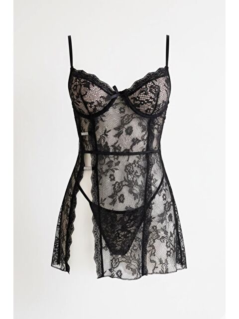 C&City Parlak Detaylı Babydoll Siyah