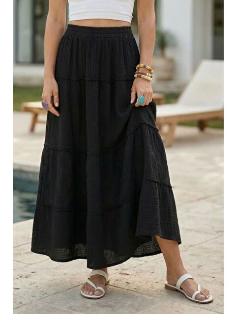 Chiccy Siyah Eteği Fırfırlı Fistolu Kat Kat Casual Müslin Standart Dokuma Etek 94 65