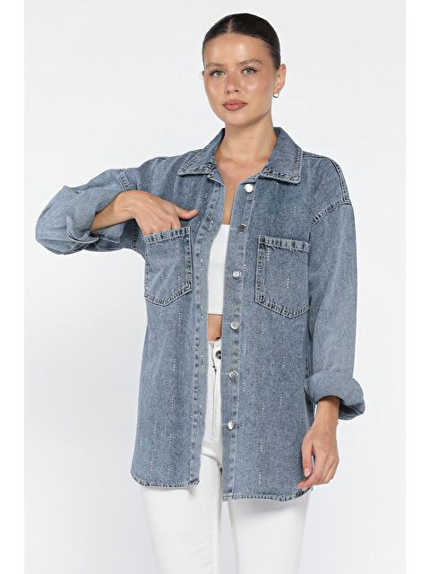 Gülseli Kadın Çift Cepli Taş İşlemeli Jean Ceket - S000445236-17234