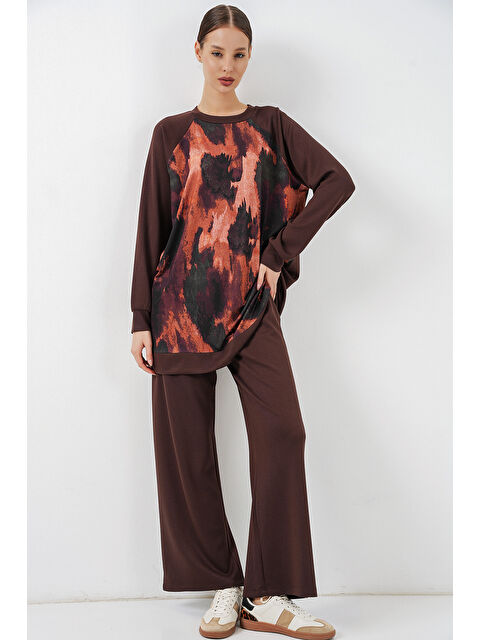 Bigdart Kadın Desenli Oversize Tunik Pantolon İkili Takım 55462 - Kahverengi