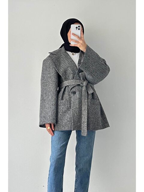 Lamelif Balıksırtı Desen Kaşe Kaban Gri - S000522560-20600