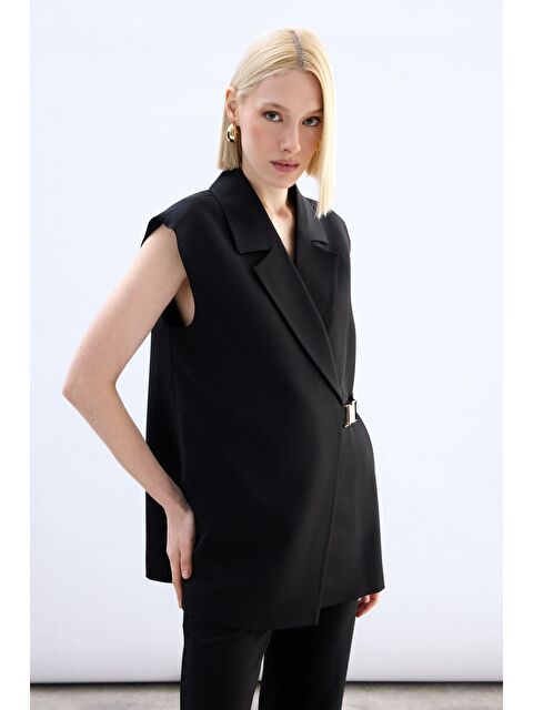 SATEEN Yan Kemerli Uzun Yelek - Siyah - S000497845-19351