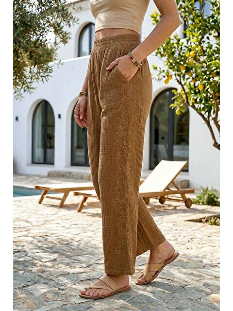 Chiccy Camel Cepli Yanları Dantelli Lastikli Bel Casual Müslin Dokuma Pantolon 92 60