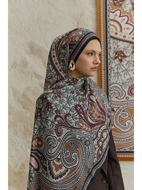 QEF Cupra Prive Desenli Şal Blossom Kızıl Kahve - S000522562-19184