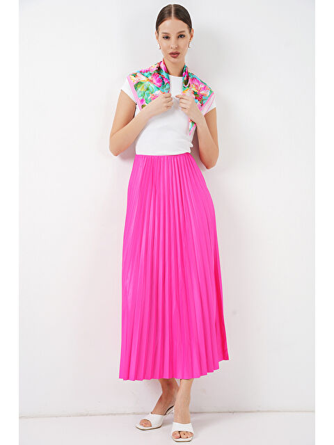 Bigdart 8009 Deri Görünümlü Piliseli Etek - Fuşya - S000153555-18686