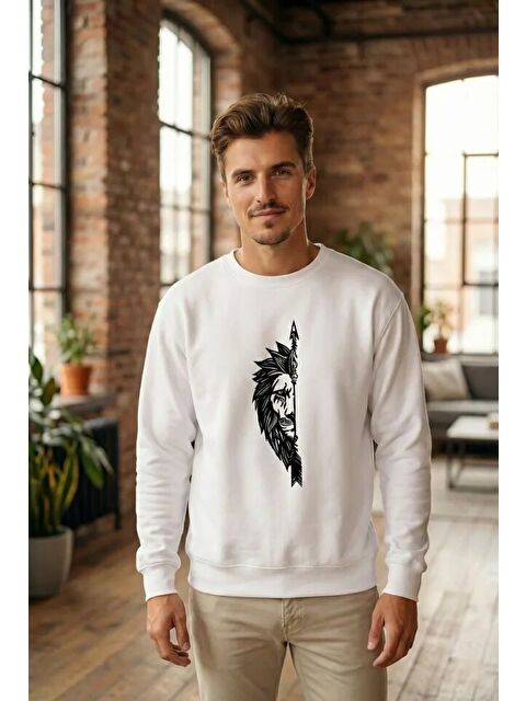 Jane's Sevgililer Günü Özel Bisiklet Yaka Aslan Baskılı Oversize Sweatshirt - Beyaz