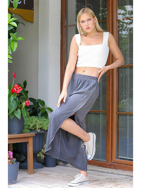 Chiccy Gri Yırtmaçlı Dokuma Geniş Kesim Lastikli Bel Bol Paça Şalvar Pantolon - S000468698-20600