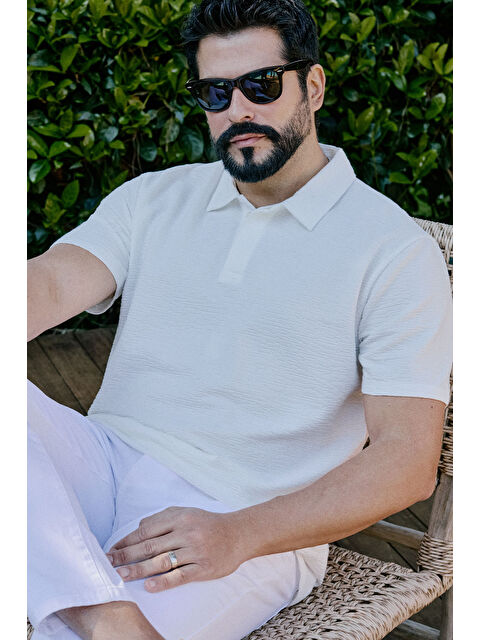 Altınyıldız Classics Erkek Beyaz Pamuklu Slim Fit Dar Kesim Polo Yaka Jakarlı Esnek Tişört - S000512177-20063