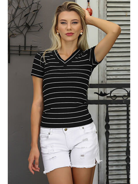 Chiccy Siyah V Yaka Kısa Kol Düz Renk Örme Bluz - S000468700-19351