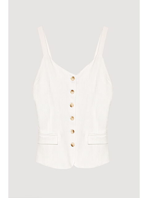 QUZU Cep Kapaklı Düğmeli Askılı Keten Bluz Ekru - S000368317-19965