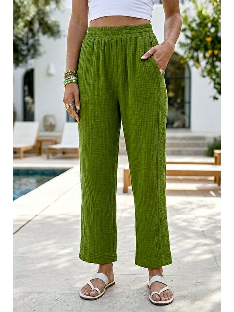 Chiccy Yeşil Cepli Yanları Dantelli Lastikli Bel Casual Müslin Dokuma Pantolon 92 60