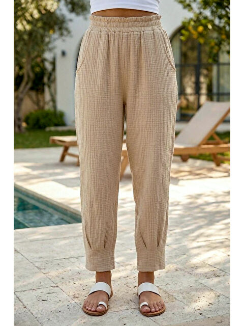 Chiccy Bej Cepli Paçası Dikişli Lastikli Bel Şalvar Paça Casual Müslin Dokuma Pantolon 94 63
