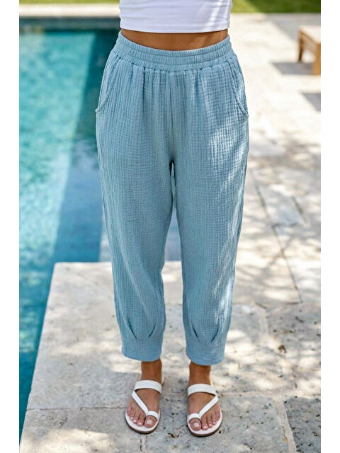 Chiccy Açık Mavi Cepli Paçası Dikişli Lastikli Bel Şalvar Paça Casual Müslin Dokuma Pantolon 94 63