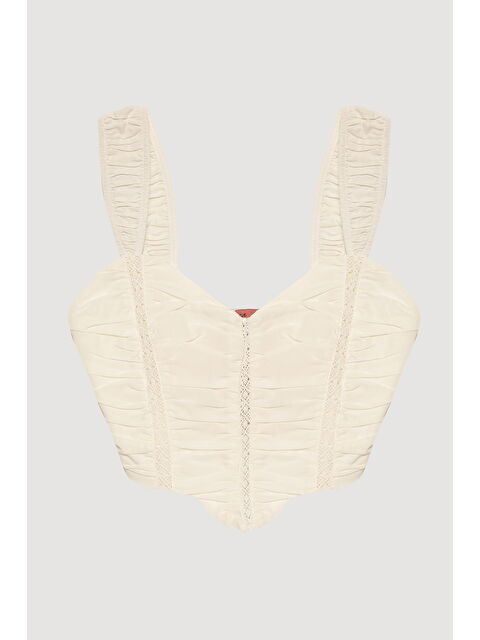 QUZU Dantel Detaylı Drapeli Crop Bluz Ekru - S000368319-19965