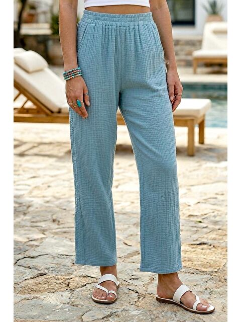 Chiccy Açık Mavi Cepli Yanları Dantelli Lastikli Bel Casual Müslin Dokuma Pantolon 92 60