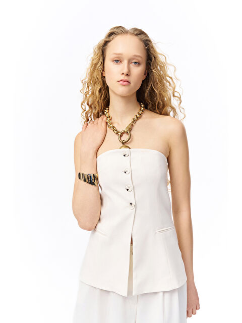 QUZU Düğme Detaylı Straplez Bluz Ekru - S000334154-19965