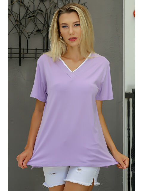 Chiccy Lila V Yaka Kısa Kol Düz Renk Örme Bluz - S000468706-17878