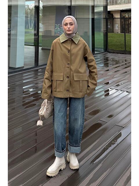 Lamelif Yaka Detaylı Düğmeli Gabardin Ceket Haki - S000518116-18547