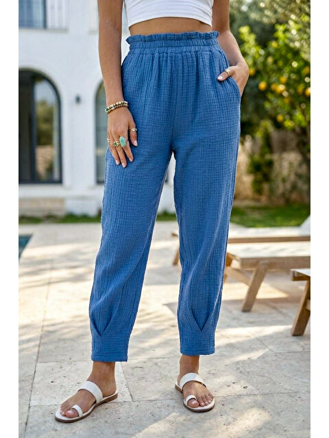 Chiccy Mavi Cepli Paçası Dikişli Lastikli Bel Şalvar Paça Casual Müslin Dokuma Pantolon 94 63