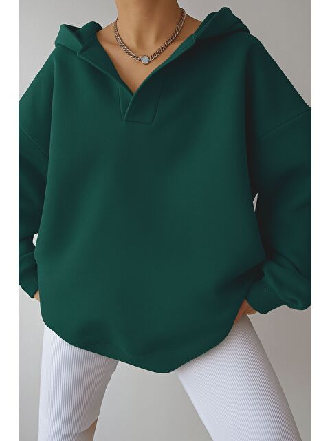 Trendseninle Kadın Nefti Yeşil Relax Yaka Detay Oversize Kapüşonlu Sweatshirt