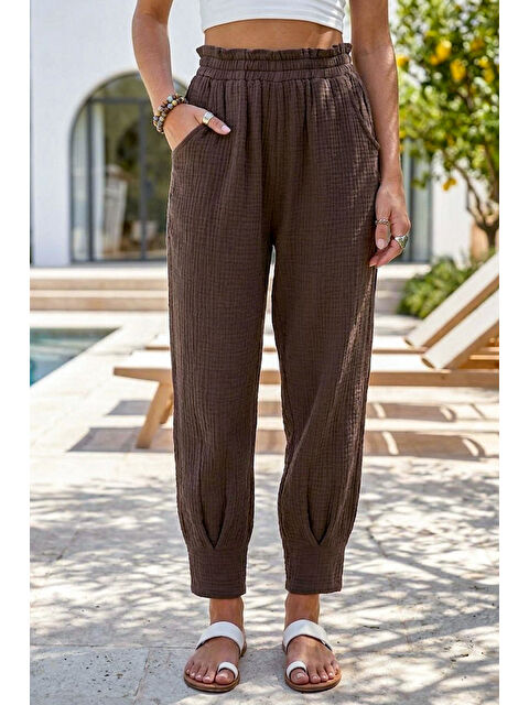 Chiccy Kahverengi Cepli Paçası Dikişli Lastikli Bel Şalvar Paça Casual Müslin Dokuma Pantolon 94 63