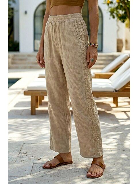 Chiccy Bej Cepli Yanları Dantelli Lastikli Bel Casual Müslin Dokuma Pantolon 92 60
