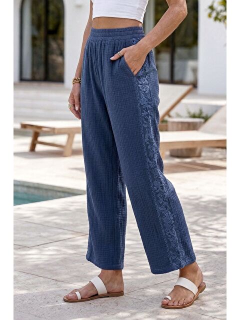 Chiccy Mavi Cepli Yanları Dantelli Lastikli Bel Casual Müslin Dokuma Pantolon 92 60