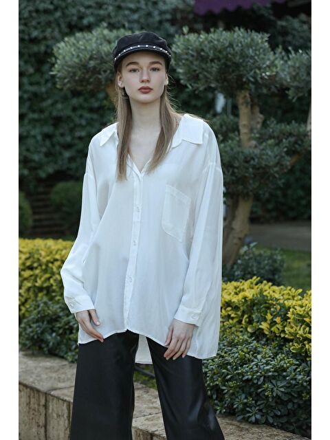 Comstar Kadın Beyaz Owersize Uzun Basic Gömlek