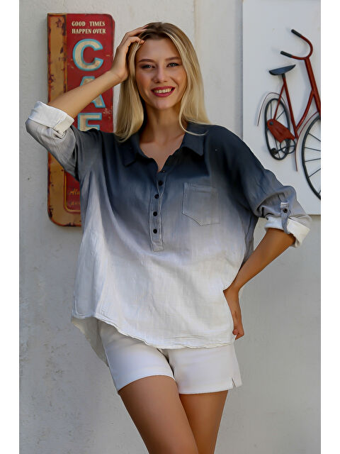 Chiccy Beyaz-Antrasit Gömlek Yaka Uzun Kol Batik Düğmeli Tek Cepli Dokuma Bluz - S000468709-37227