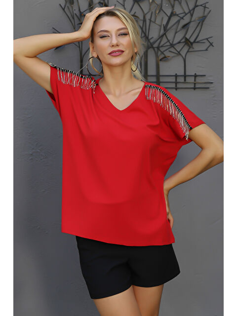 Chiccy Kırmızı V Yaka Düşük Kol Düz Renk Örme Bluz - S000468707-20045