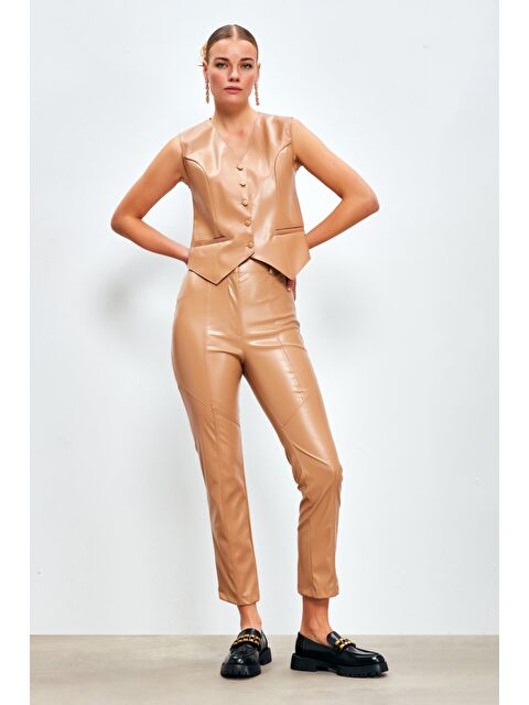 SATEEN Dikiş Detaylı Deri Pantolon - Bej - S000384569-19928