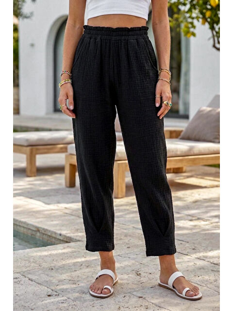 Chiccy Siyah Cepli Paçası Dikişli Lastikli Bel Şalvar Paça Casual Müslin Dokuma Pantolon 94 63