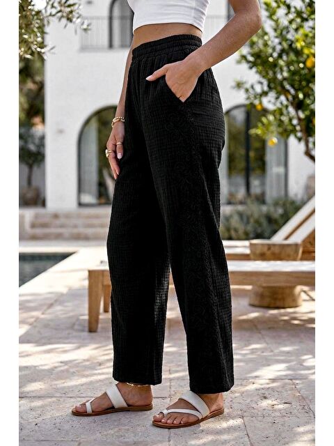 Chiccy Siyah Cepli Yanları Dantelli Lastikli Bel Casual Müslin Dokuma Pantolon 92 60
