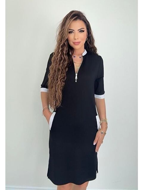 Jane's Kadın Kısa Kollu Yakadan Fermuarlı Cepli Yandan Yırtmaçlı Viskon Elbise - S000528409-19351