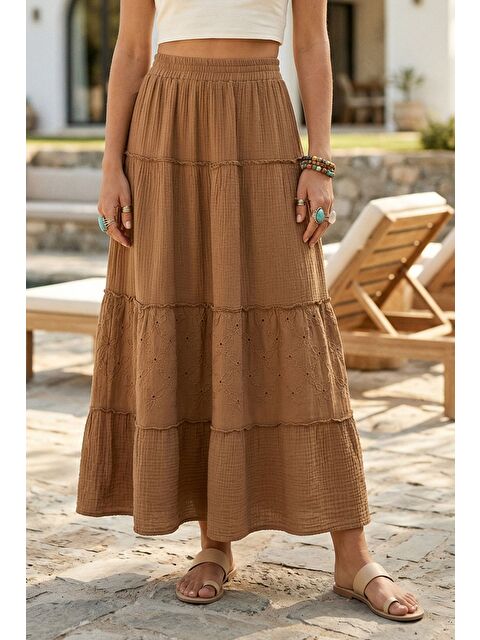 Chiccy Açık Kahve Eteği Fırfırlı Fistolu Kat Kat Casual Müslin Standart Dokuma Etek 94 65