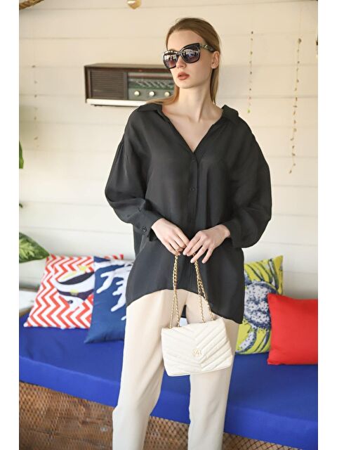 Comstar Kadın Siyah Owersize Uzun Basic Gömlek