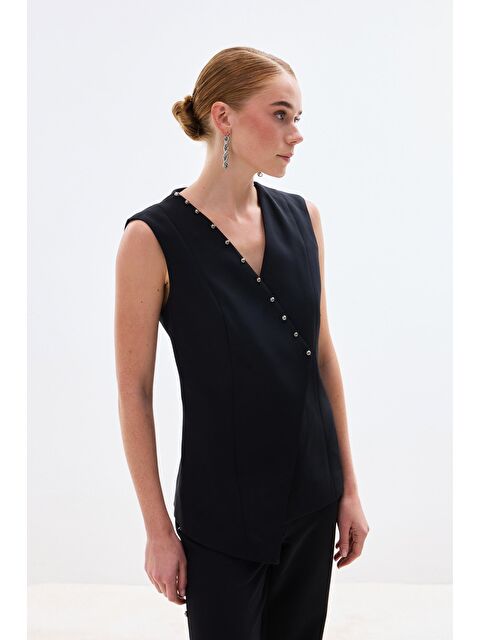 SATEEN İncili Kruvaze Yelek - Siyah - S000497847-19351