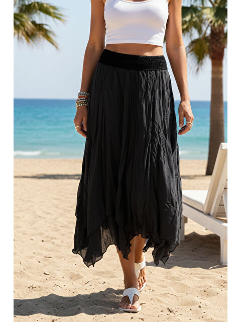 Chiccy Siyah Astarlı Yıkamalı Saçaklı Kesim Lastikli Bel Casual Pamuklu Dokuma Etek 84 60