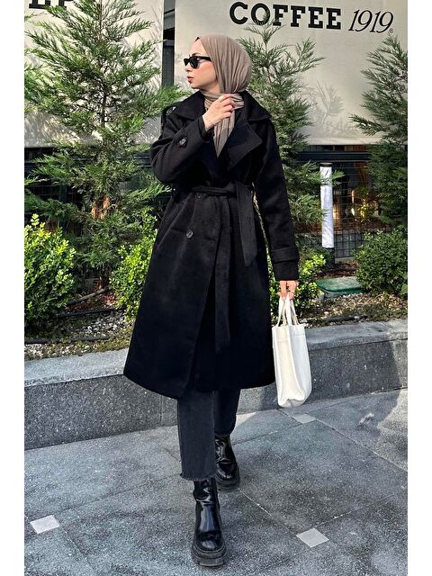 Lamelif Omuz Filetolu Kol Apoletli Kaşe Kaban Siyah - S000522567-19351