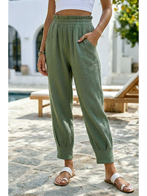 Chiccy Haki Cepli Paçası Dikişli Lastikli Bel Şalvar Paça Casual Müslin Dokuma Pantolon 94 63