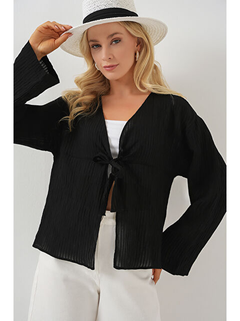 Bigdart Kadın Önü Bağcıklı Bluz 952 - Siyah - S000396116-19351