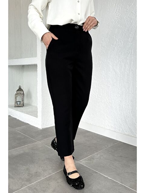 Julude Puane Bel Lastikli Yüksek Bel Tesettür Kumaş Pantolon