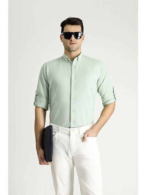 Kiğılı Uzun Kol Rahat Kesim Düğmeli Yaka %100 Pamuk Nefes Alabilen Keten Görünümlü Gömlek - S000404964-20054