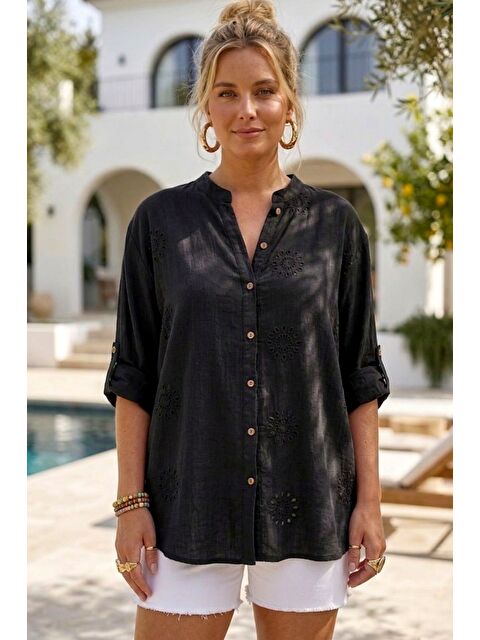 Chiccy Siyah Hakim Yaka Düğmeli Uzun Kollu Düğmeli Casual Müslin Dokuma Gömlek 75 63